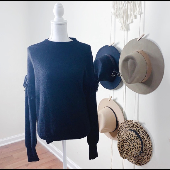 TORY BURCH BRISTOL FRINGE SLEEVE WOOL SWEATER SZ S  BLACK - Picture 3 of 10